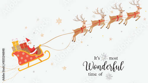 Santa claus flying in his sleigh pulled by reindeer with gifts and christmas text