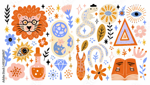 Whimsical collection of mystical and celestial elements with a playful art style