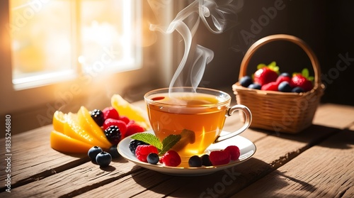Aromatic tea with fresh berries and sliced mango on a wooden table