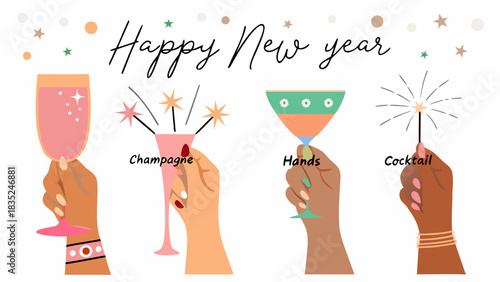 Happy new year celebration with champagne cocktails and sparklers