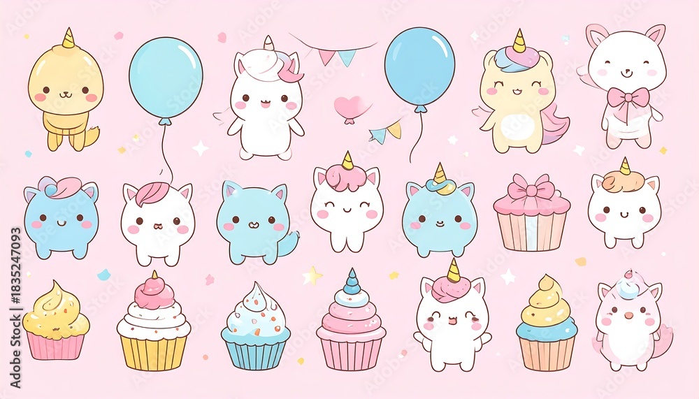 Fototapeta premium Array of cute, cartoon animals, cupcakes, and balloons on a pale pink background in a kawaii style