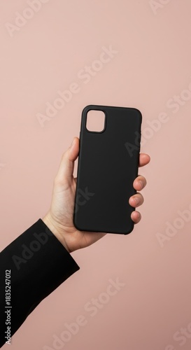 Hand holding a black smartphone case against a pink background