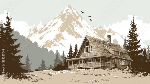 Serene Mountain Cabin Retreat Outline Vector Illustration
