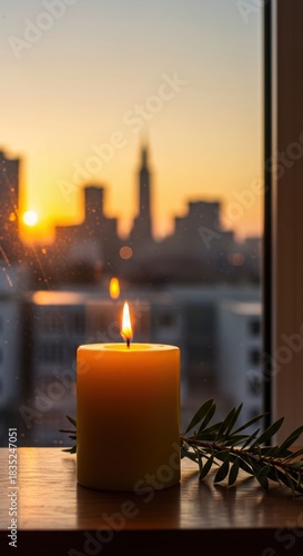 Candlelit evening cityscape at sunset