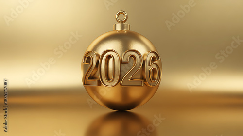Gold sphere with 2026 embossed on a reflective gold surface year new year