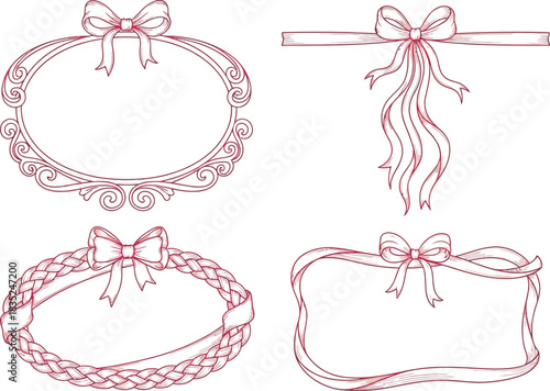 Isolated Sketchy Ribbon Border Frames Collection on White Background with Bows