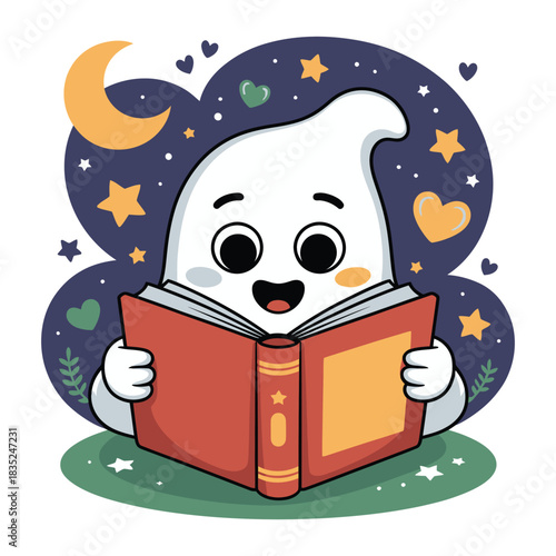 Cute cartoon ghost character happily reading a book illustration.