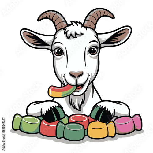 Cute cartoon goat eating colorful candies illustration.
