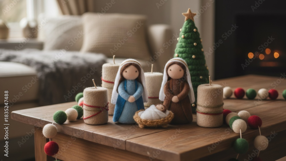Obraz premium Knitted nativity scene with Mary, Joseph, and baby Jesus in a manger, with a christmas tree and candles, for Christmas holiday greeting card.