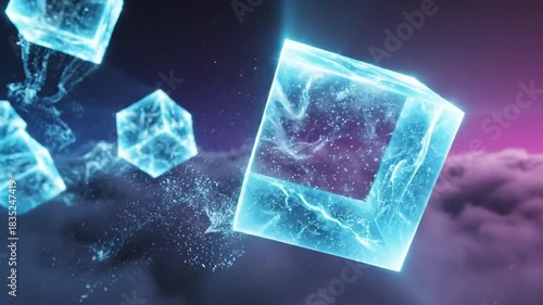 Floating ice cubes glow above the clouds in a surreal and dreamy purple landscape