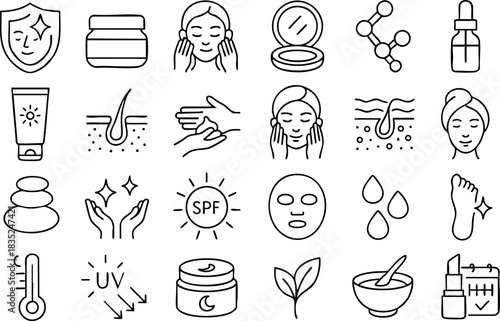 Line art minimalist skincare icon set close-up grid view showing cream jar face mask sunscreen tube dropper bottle compact mirror massage hands spa stones spf droplets
