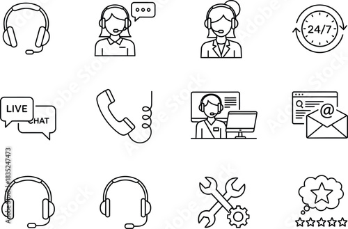 Line Icons with Customer Service Elements on Transparent Background, Helpline, Support