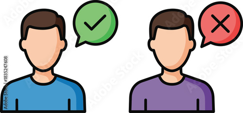 Man with Check Mark Speech Bubble and Man with Cross Mark Speech Bubble on White