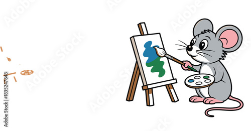 Cute cartoon mouse artist painting a colorful picture on an easel.