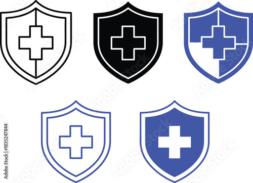 Medical Shield Icons Blue, Black, Outline Cross Symbols on Transparent Backdrop