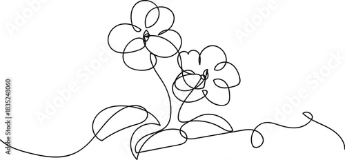African violet in continuous line art drawing style. African violet continuous line art drawing. A single, elegant continuous line art drawing of an African violet plant, showcasing its delicate leave