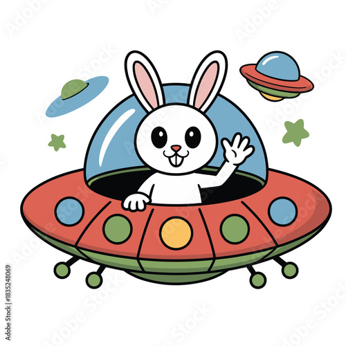 Cute cartoon rabbit astronaut flying a retro spaceship on an adventure.