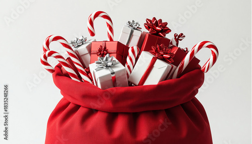 Christmas bag full of gifts and candy canes on a white background