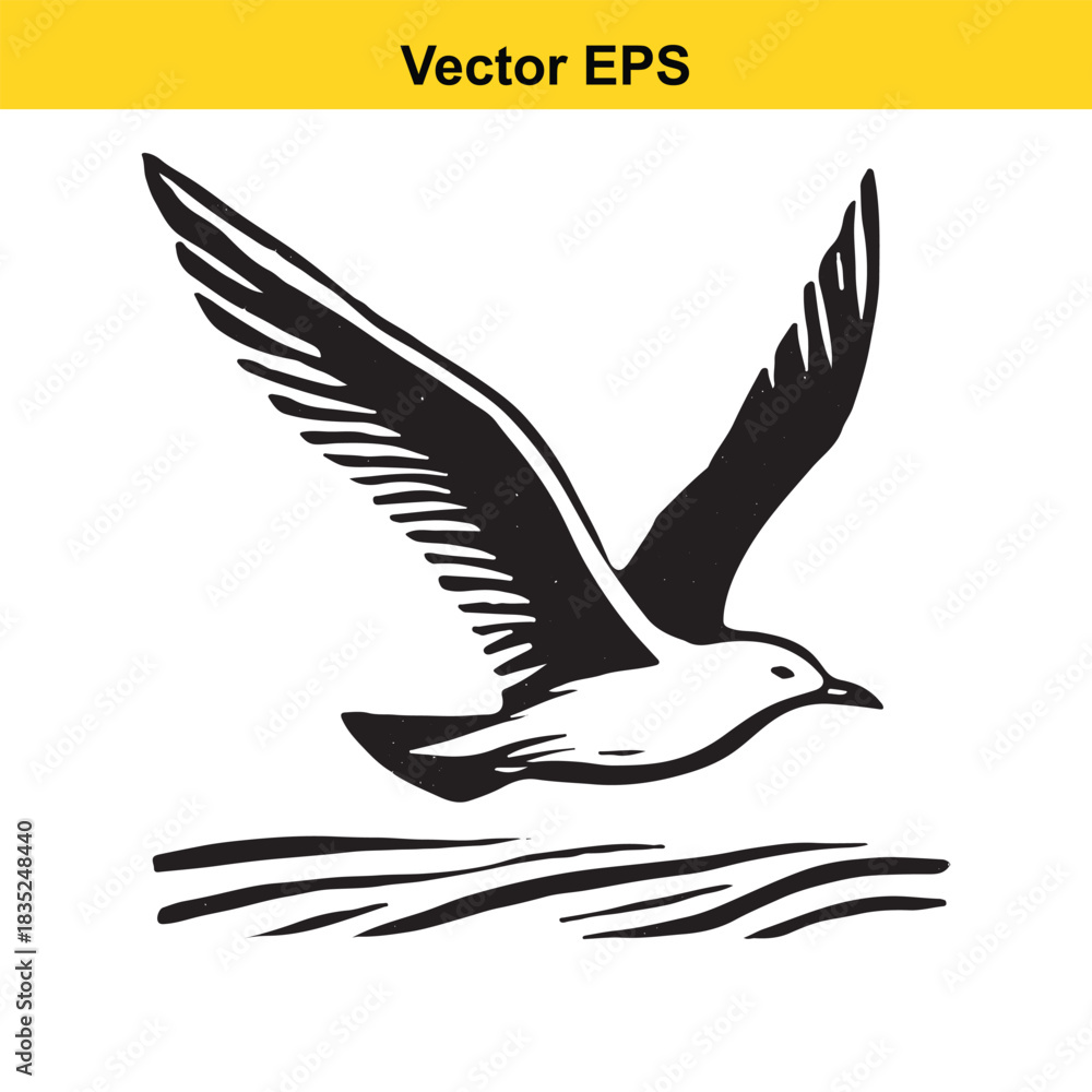 Fototapeta premium Seagull flying gracefully over ocean waves vector illustration