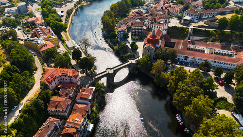 Aerial Photograph of Amarante, Portugal — Historic City, River, Iconic Bridge and Charming Streets with Scenic Urban Landscape