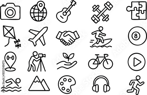 Monoline icon set showing twenty thin black stroke activity symbols arranged in four by five grid, top-down view, centered minimal composition with camera guitar bicycle swimmer