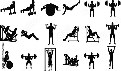 Extensive vector collection of gym and fitness silhouettes, featuring people doing weightlifting, core exercises, squats, and using workout machines, ideal for health and training designs.