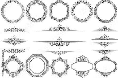 Ornate Frames Borders Collection Set, Decorative Elements with Floral Swirls on White