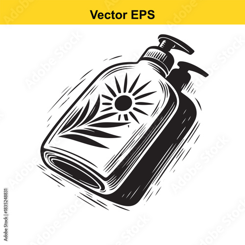 Hand-drawn woodcut style pump bottle with sun and leaf pattern