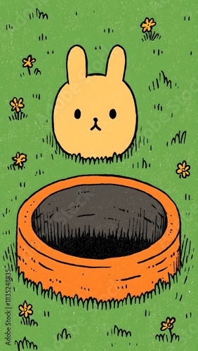 Whimsical garden illustration featuring a cute bunny near a stone wishing well