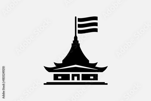 Black vector illustration of a traditional pagoda with a waving flag on top, symbolizing culture, heritage, and national pride.  

