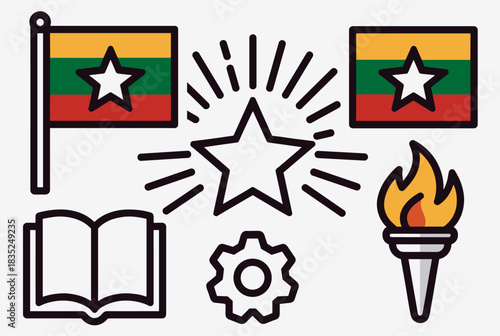 Vector illustration featuring national flags, star, torch, book, and gear, symbolizing unity, education, and independence celebration.  
