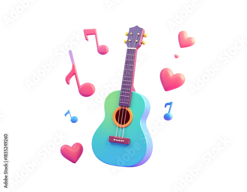 Vibrant 3D guitar surrounded by musical notes and hearts