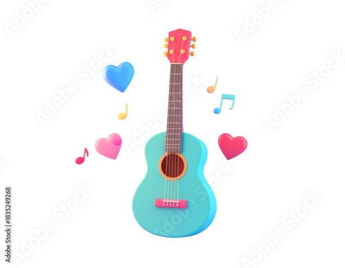 Vibrant 3D guitar surrounded by musical notes and hearts