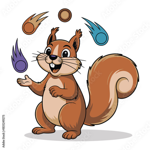 Funny cartoon squirrel character juggling colorful objects with a happy expression.