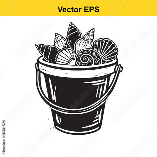 Bucket full of diverse ocean seashells, beach summer illustration