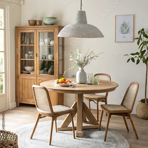Stylish and bright natural wood dining room with modern design.