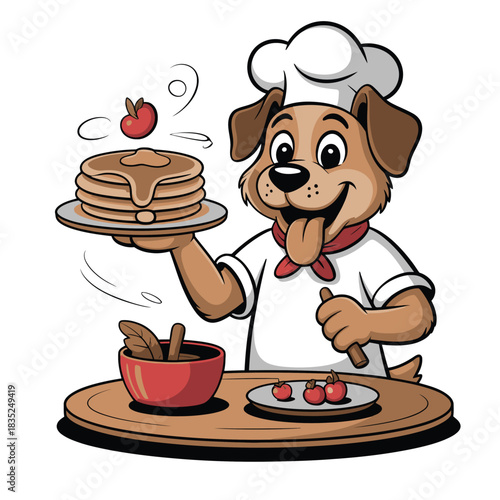 Happy cartoon dog chef presenting a delicious stack of pancakes.