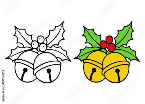 Tiempo de Navidad. Logo jingle bell. Dibujo sencillo con líneas de cascabeles con hojas y bayas de acebo para tarjetas y felicitaciones de Navidad