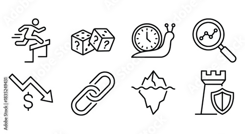 Risk and Uncertainty Icons Hurdles Dice Snail Graph Loss Link Iceberg and Security.