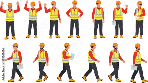 Construction worker character in safety gear performing various actions for site, training, animation, signage, and instructional vector design.