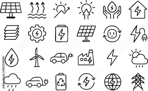 Line art icon set 5x6 grid of 30 renewable energy icons showing solar panel, wind turbine, electric car, battery recycle, power tower, rain cloud, black stroke