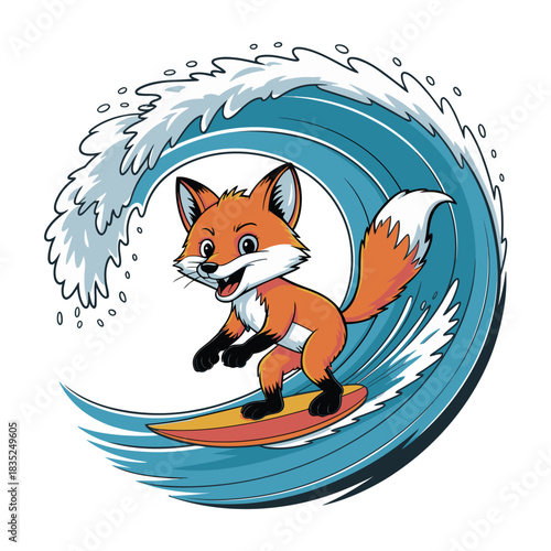 Playful cartoon fox character surfing a dynamic ocean wave.