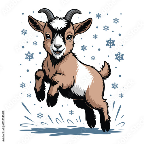 Playful young goat kid jumping with joy.