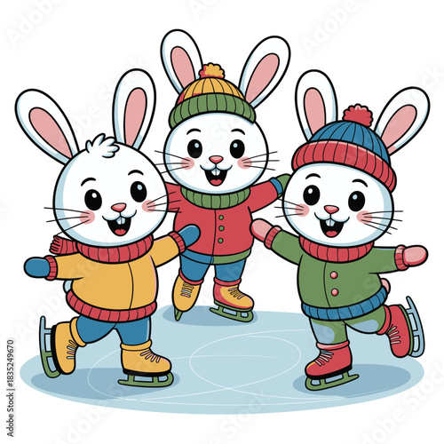 Three Cute Cartoon Rabbits Ice Skating Together.