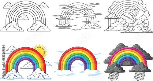 Rainbow and Clouds Collection, Colorful Arcs, Weather Element, Isolated on White