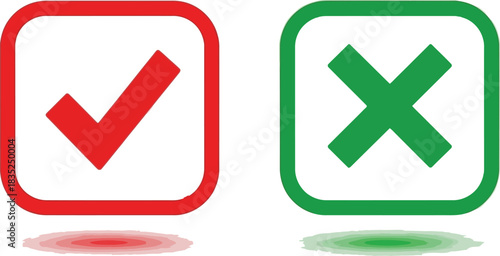 Red Check Mark Icon and Green X Symbol in Rounded Square Frames on White