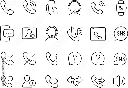 Monoline icon set close up showing black phone and headset outlines on tilted paper sheet over wooden table in top down angle minimal line art arrangement