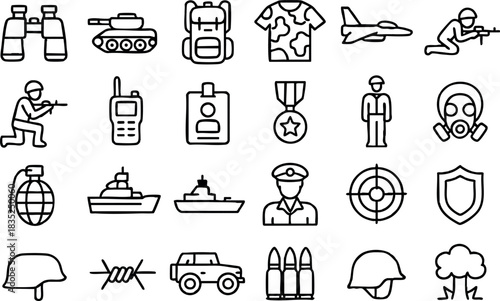 Minimal line icon set showing military symbols arranged in compact grid with black strokes includes binoculars tank backpack camo fighter jet rifleman radio dog tag helmet