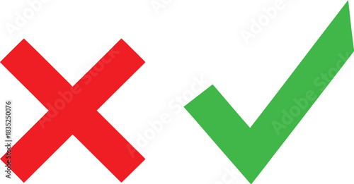Red Cross and Green Check Mark on White Background Symbols