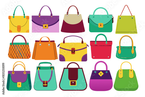 Colorful Handbags Collection. Fashion Women’s Purse and Tote Bag